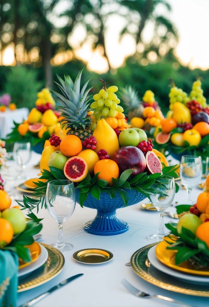 A table adorned with vibrant fruit arrangements, creating a unique and colorful wedding decoration