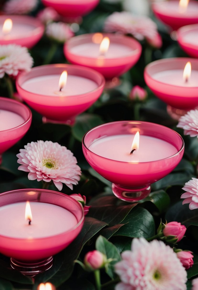 Pink candle bowls float among pink flowers, creating a romantic wedding table decoration