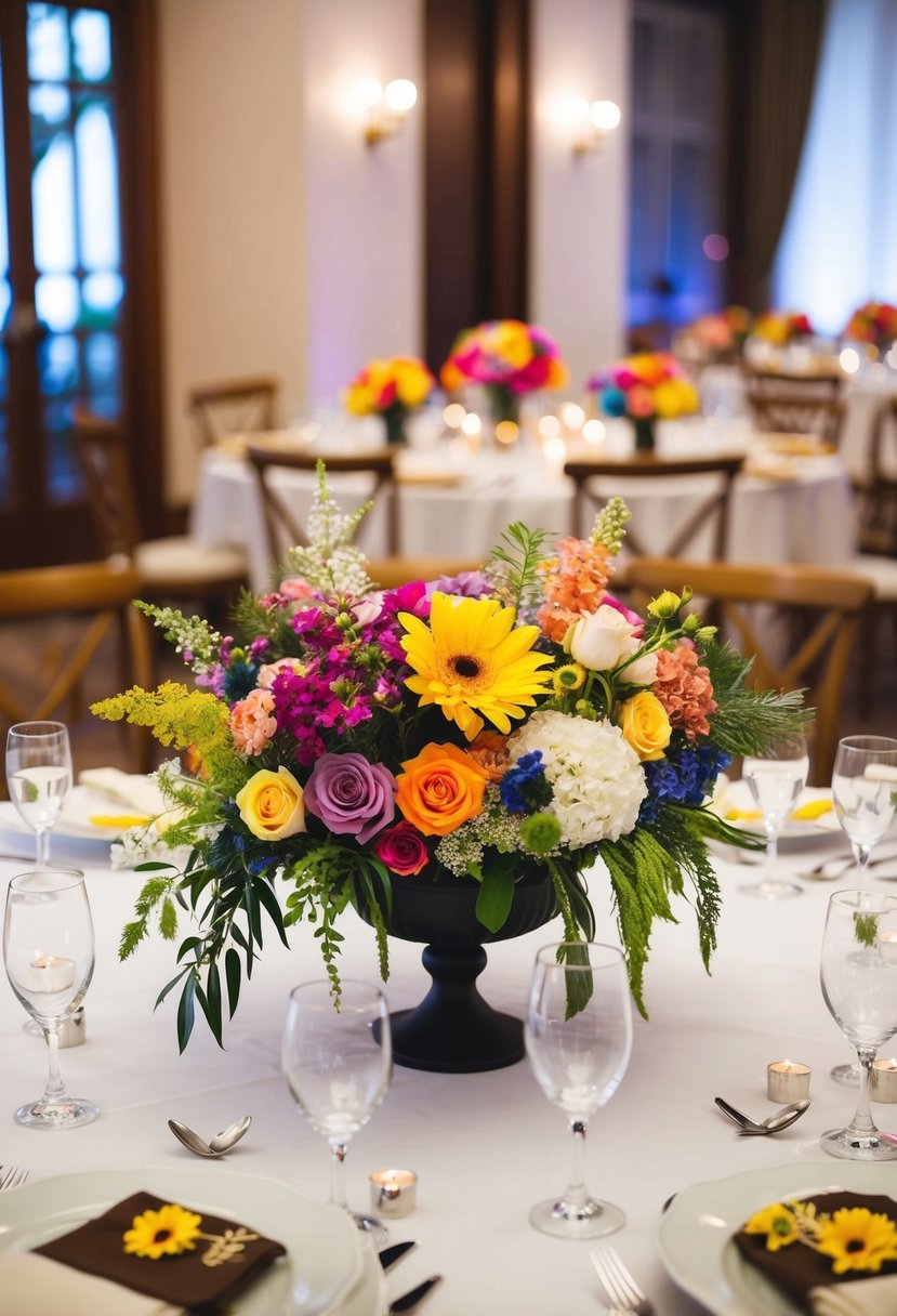 Colorful floral centerpieces arranged on a wedding reception table, showcasing a variety of handmade designs from Etsy stores