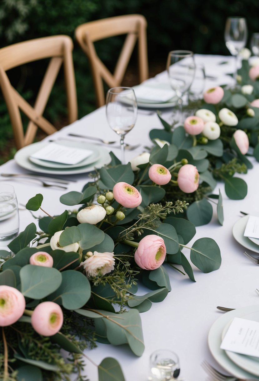 A table adorned with eucalyptus and pink ranunculus wedding decorations