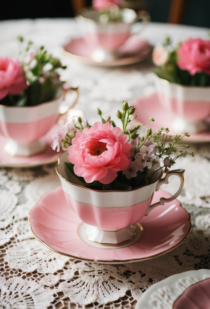 Vintage pink teacups with delicate flowers arranged on a lace tablecloth