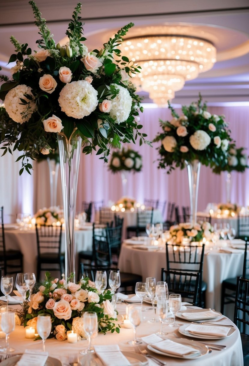 Tall floral centerpieces stand out on elegant wedding tables, adding drama and beauty to the reception decor