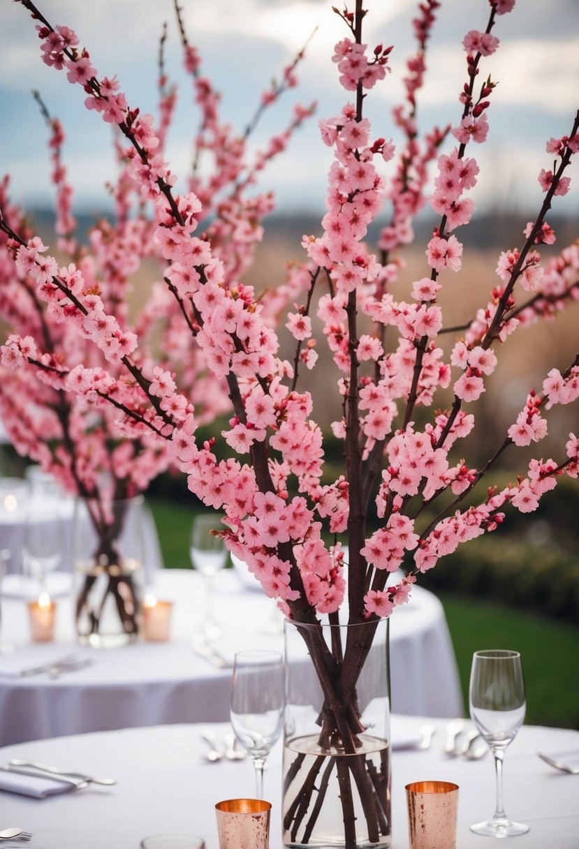 Pink cherry blossom branches arranged in vases as wedding table decorations