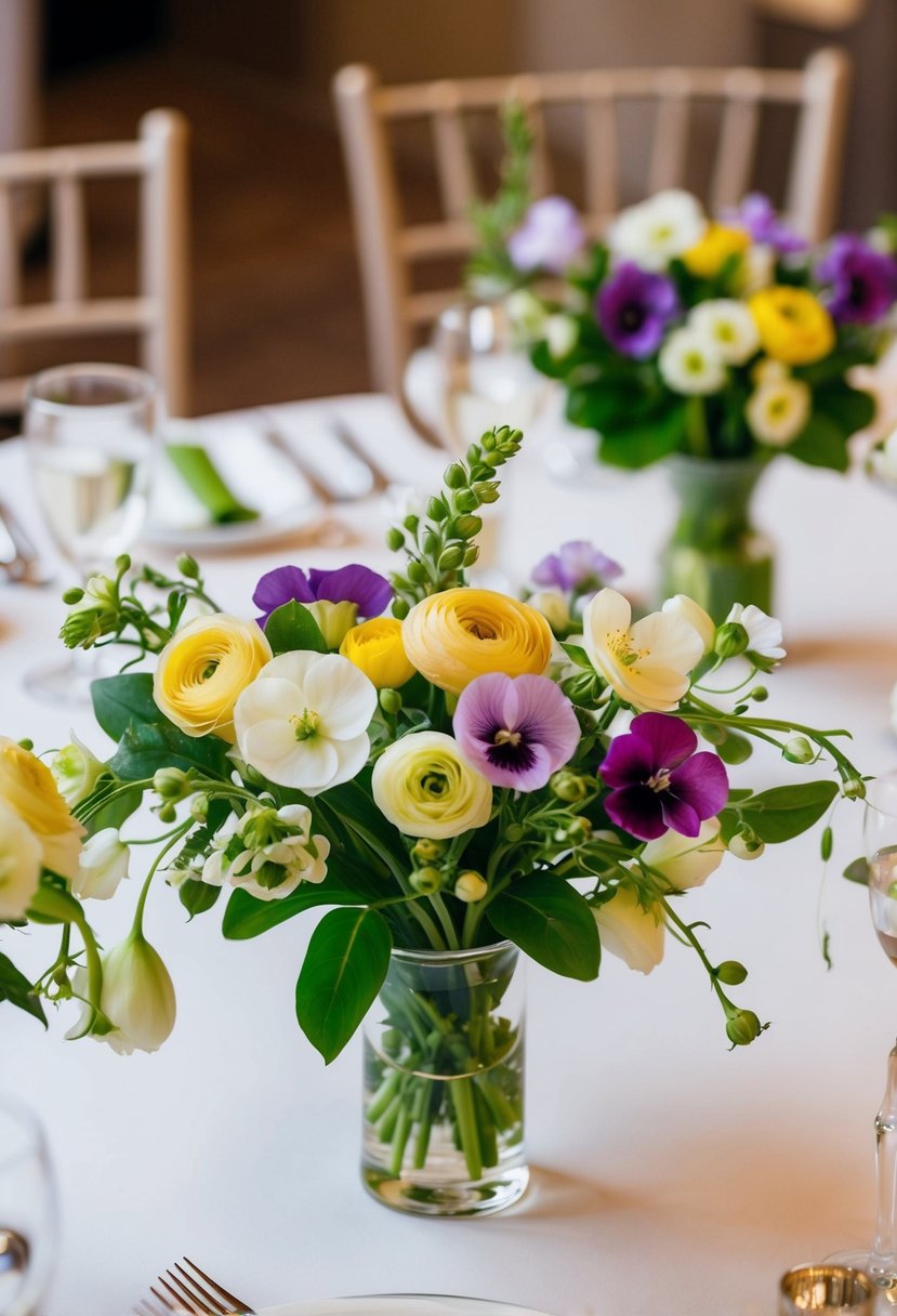 Elegant floral arrangements of sweet peas and ranunculus adorn wedding tables