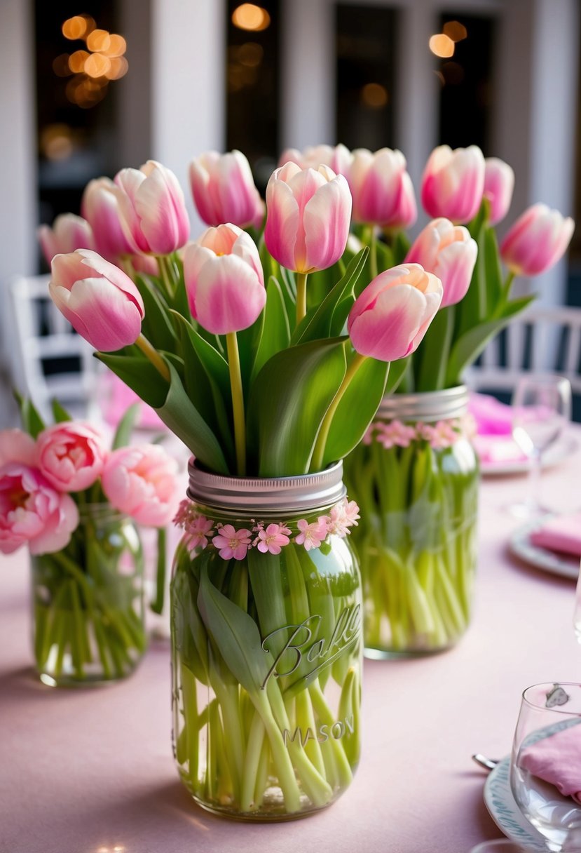 Pink tulips arranged in mason jars, set on a wedding table with delicate pink flower decorations