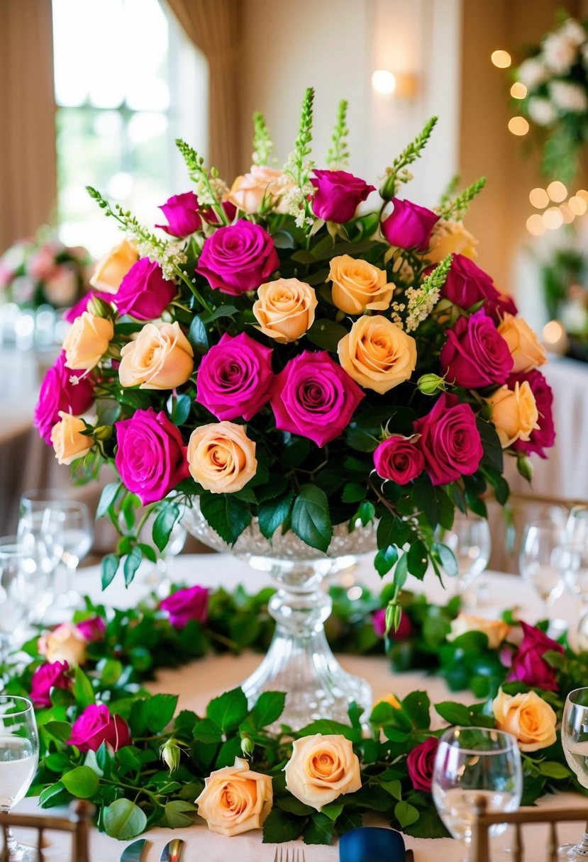 Lush, vibrant garden roses arranged in a grand centerpiece for a wedding table