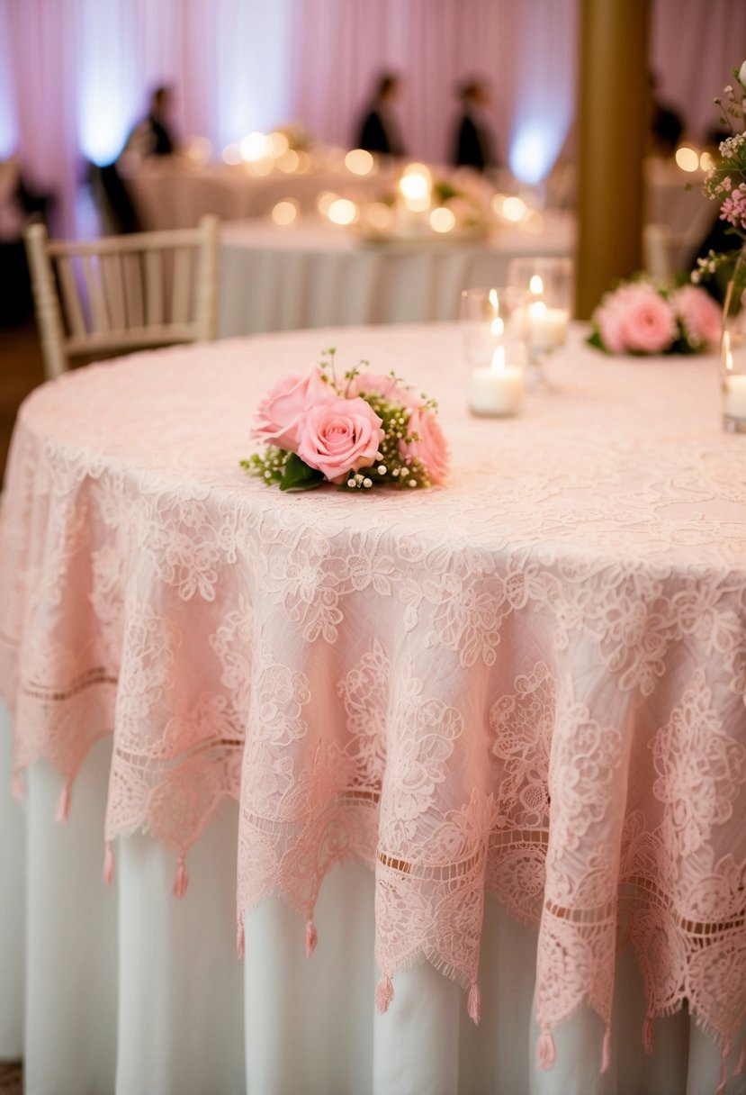 A delicate pink lace tablecloth adorned with pink flowers, set on a wedding reception table