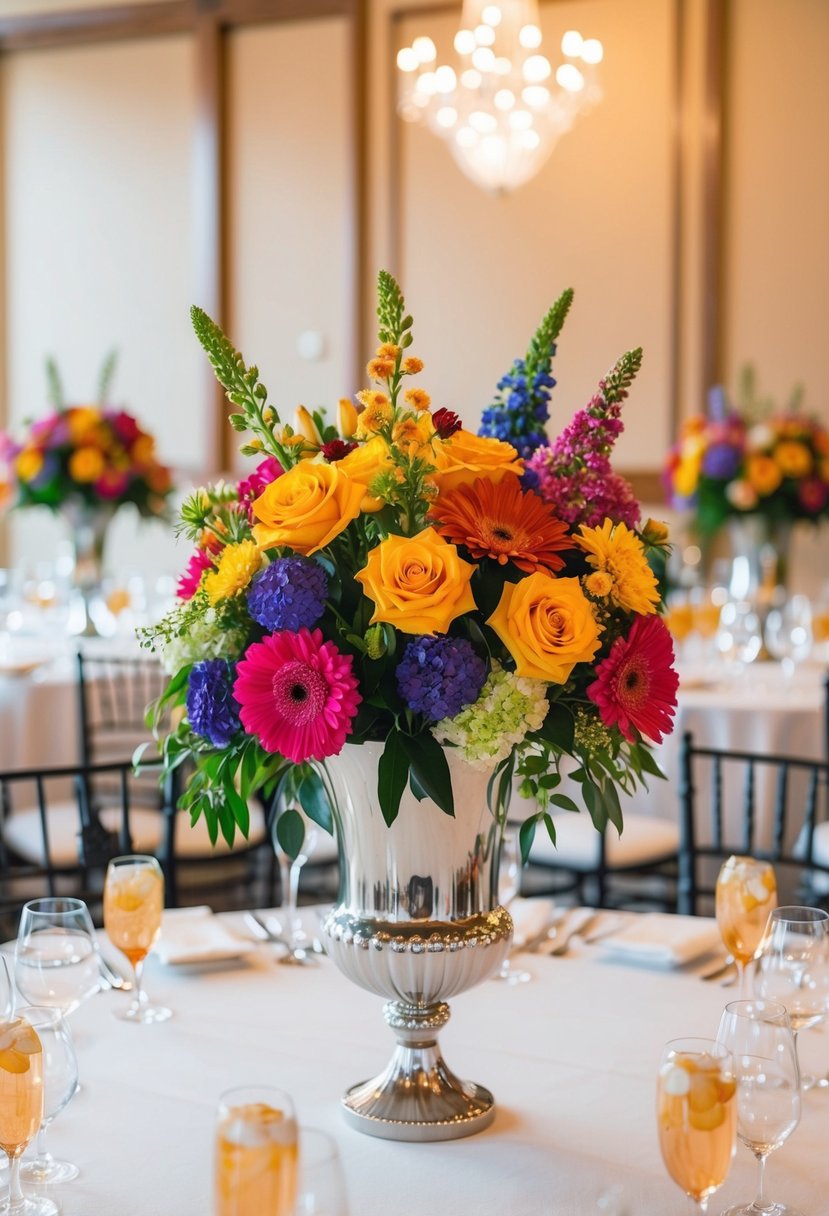 Colorful flowers arranged in elegant vases, creating personalized centerpieces for a wedding reception table