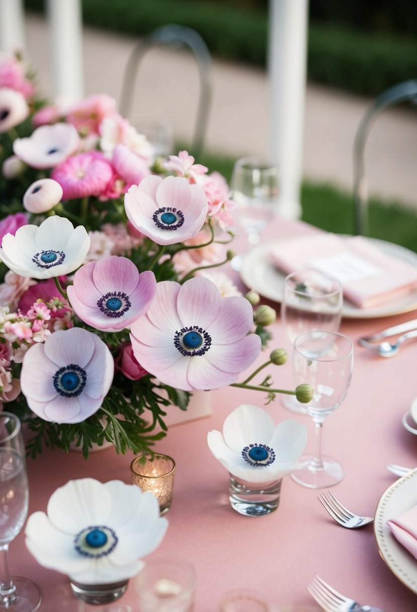 A table adorned with anemones in various shades of pink, accented with delicate pink flowers for a romantic wedding setting