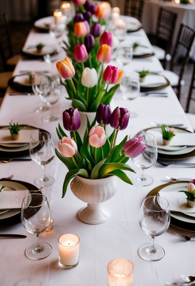 A white table adorned with tulip centerpieces in various shades of pink and purple, surrounded by elegant place settings and flickering candlelight