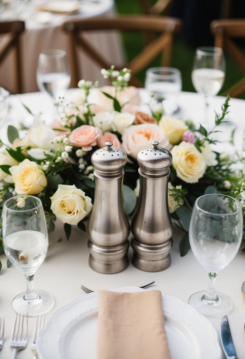 Vintage salt and pepper shakers surrounded by a floral arrangement, creating a charming wedding table decoration