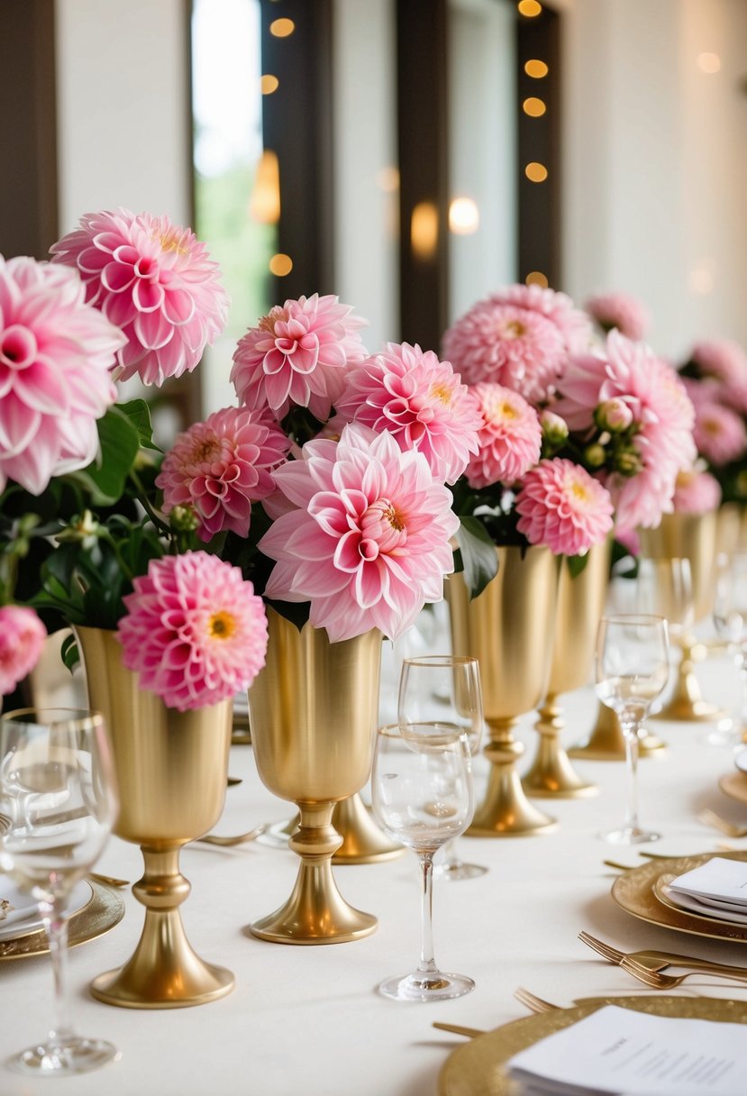 A table adorned with pink dahlias in gold stands, creating elegant wedding decor