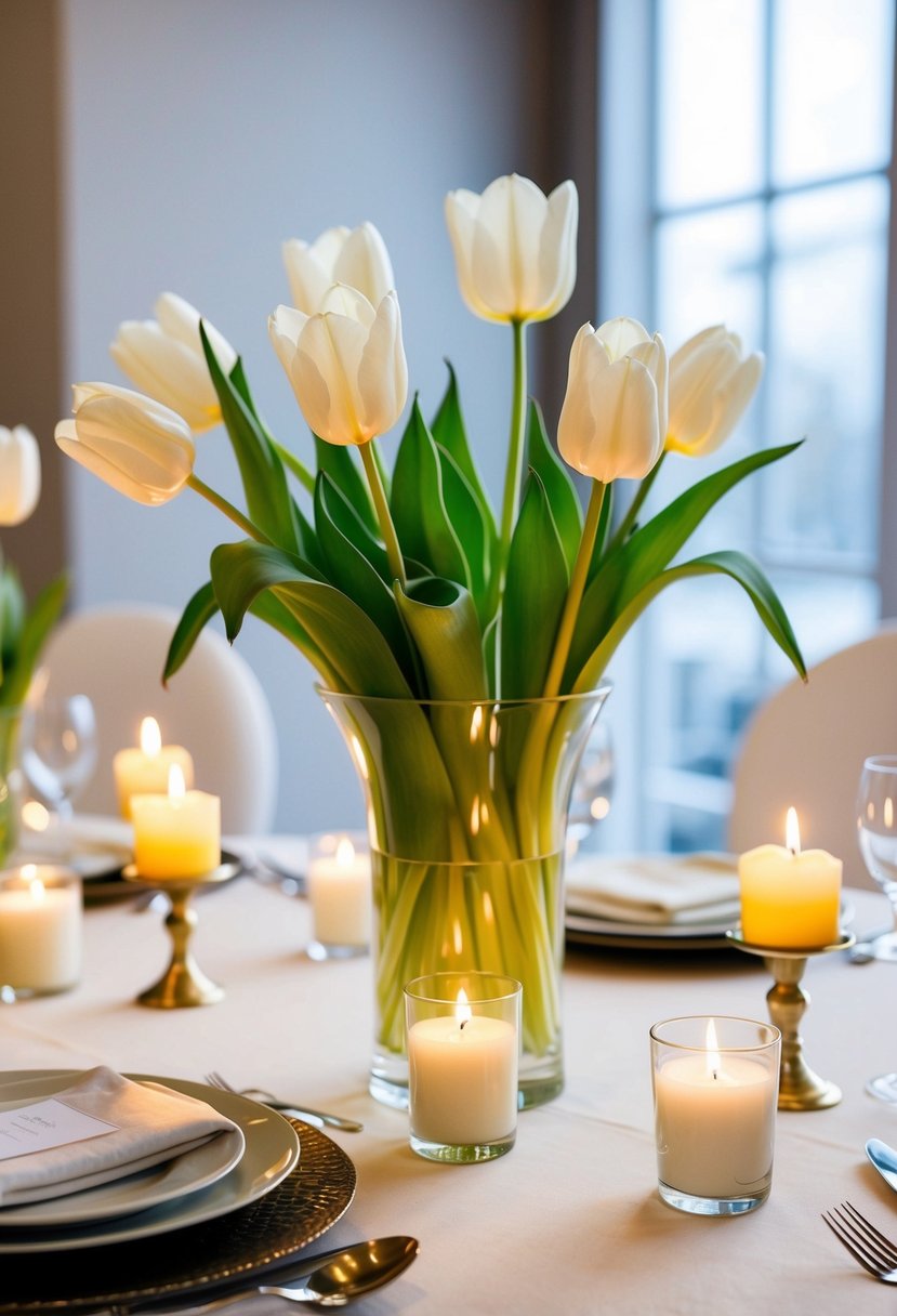 A white tulip and candle arrangement on a wedding table, exuding elegance and romance