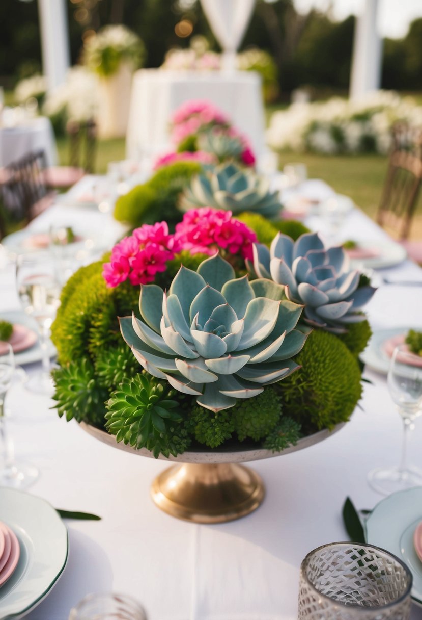 A table adorned with succulents and pink blooms for a wedding centerpiece