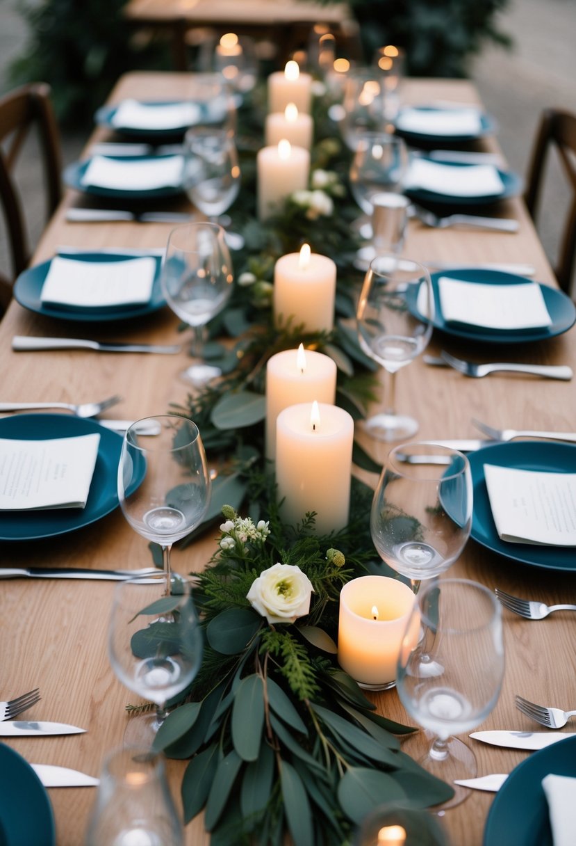 A table set with a mix of greenery and votive candles, accented by a floral arrangement for a wedding table decoration