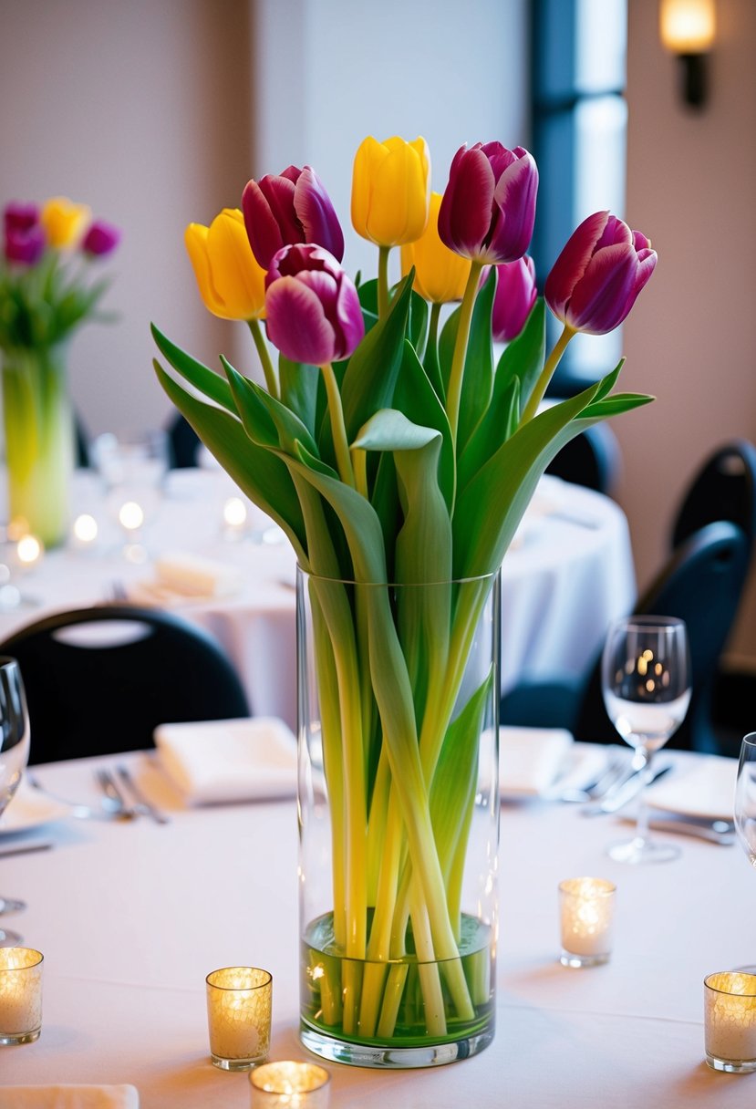 A tall cylinder vase holds a vibrant display of Dutch tulips, creating an elegant wedding table centerpiece