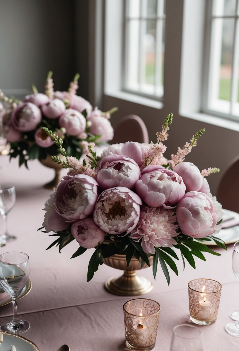 A moody mauve peony arrangement adorns a wedding table, providing a romantic and elegant pink floral centerpiece