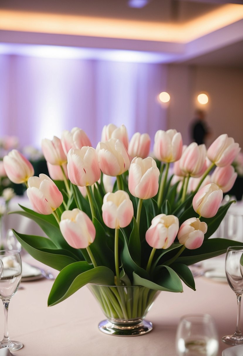 A low-profile pink and white tulip centerpiece adorns a wedding reception table, adding a touch of elegance and romance to the decor