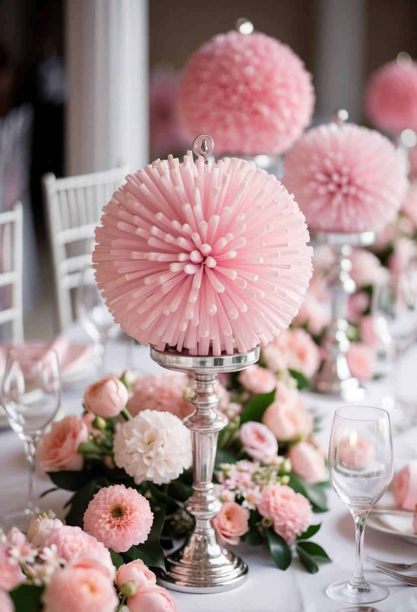 Pink pomander balls on stands adorn a wedding table, surrounded by delicate pink flowers, creating a romantic and elegant atmosphere