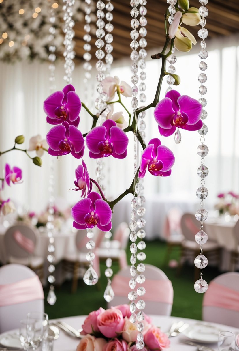 Crystal strings hang from above, adorned with pink orchids. A table is decorated with pink flowers, creating a romantic wedding ambiance