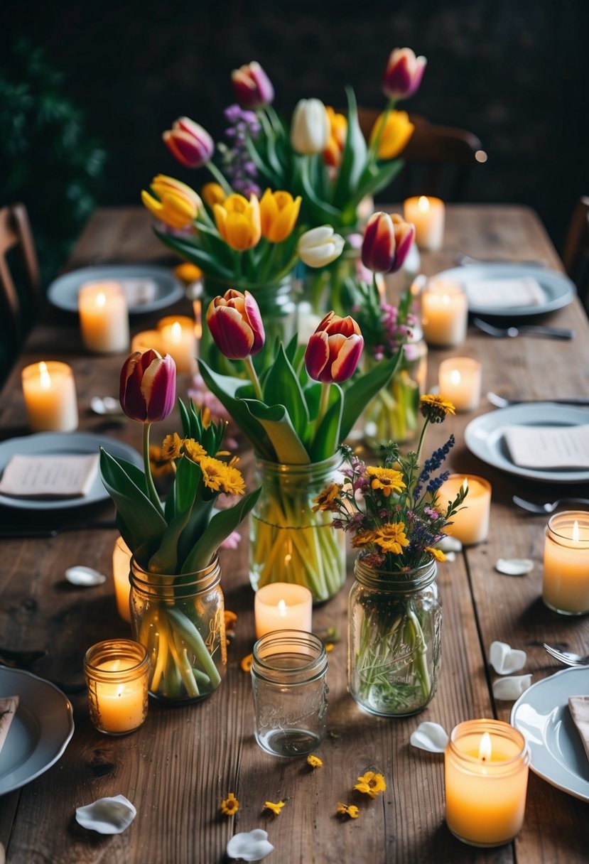 A rustic wooden table adorned with a mix of tulips and wildflowers in various glass vases and mason jars, surrounded by flickering candles and scattered petals