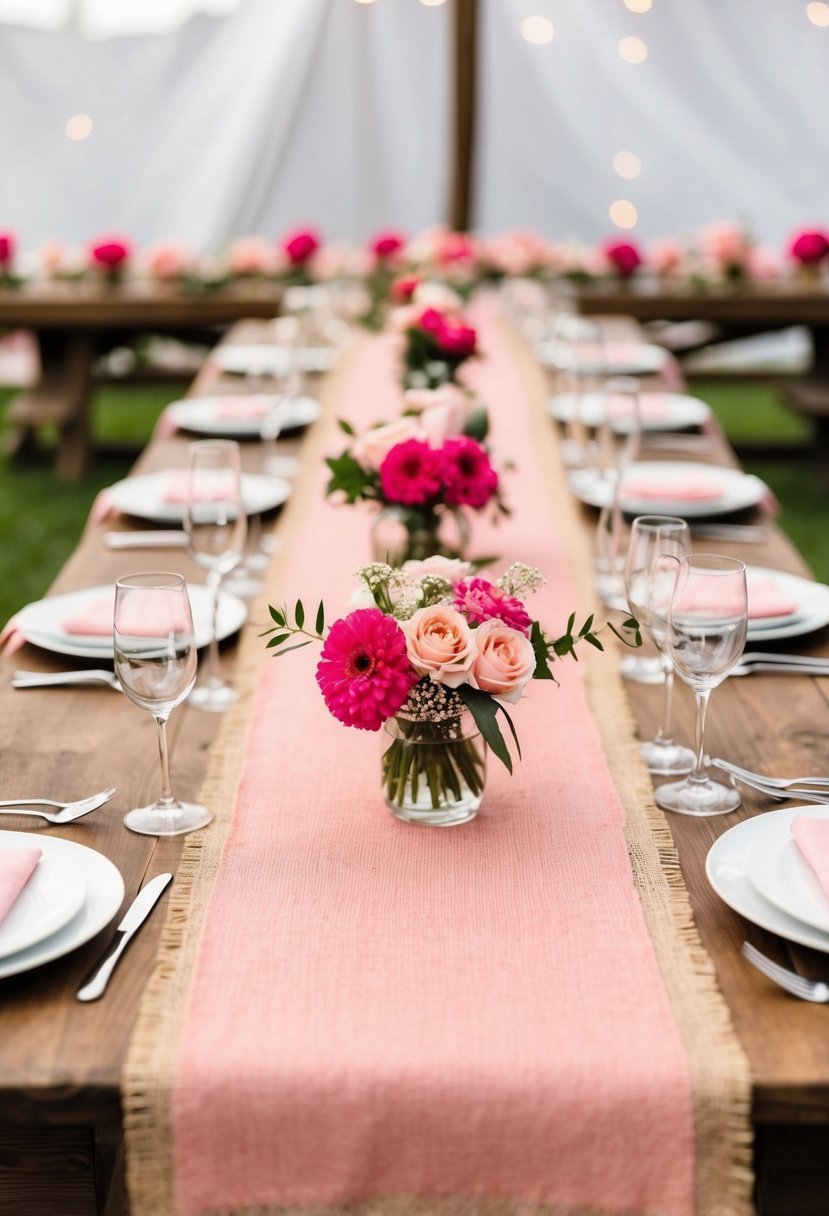 A rustic pink burlap runner adorned with pink flowers on a wedding table