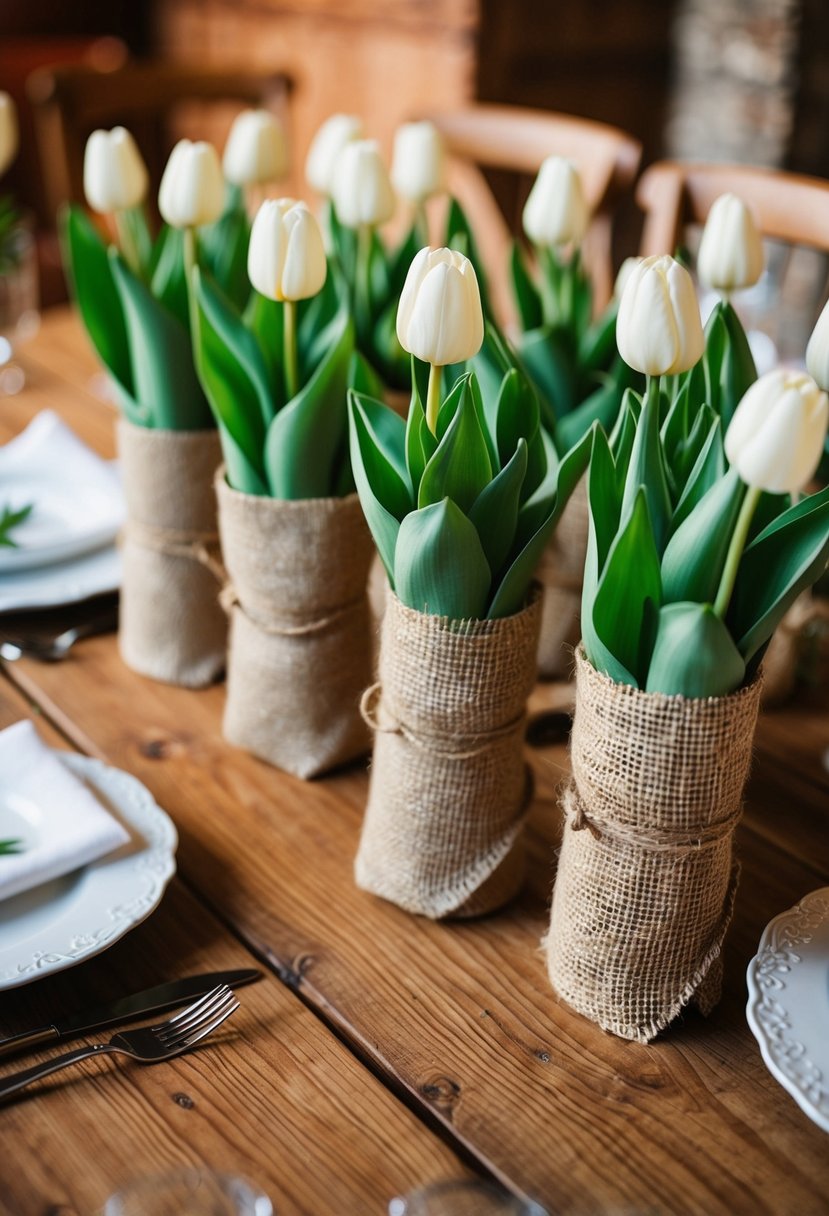 Rustic burlap-wrapped tulip bouquets arranged on wooden wedding table