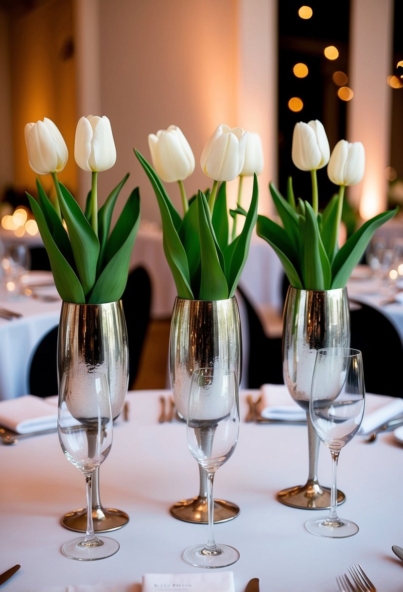 A trio of modern tulip and mercury glass centerpieces adorn a wedding table, creating an elegant and romantic atmosphere