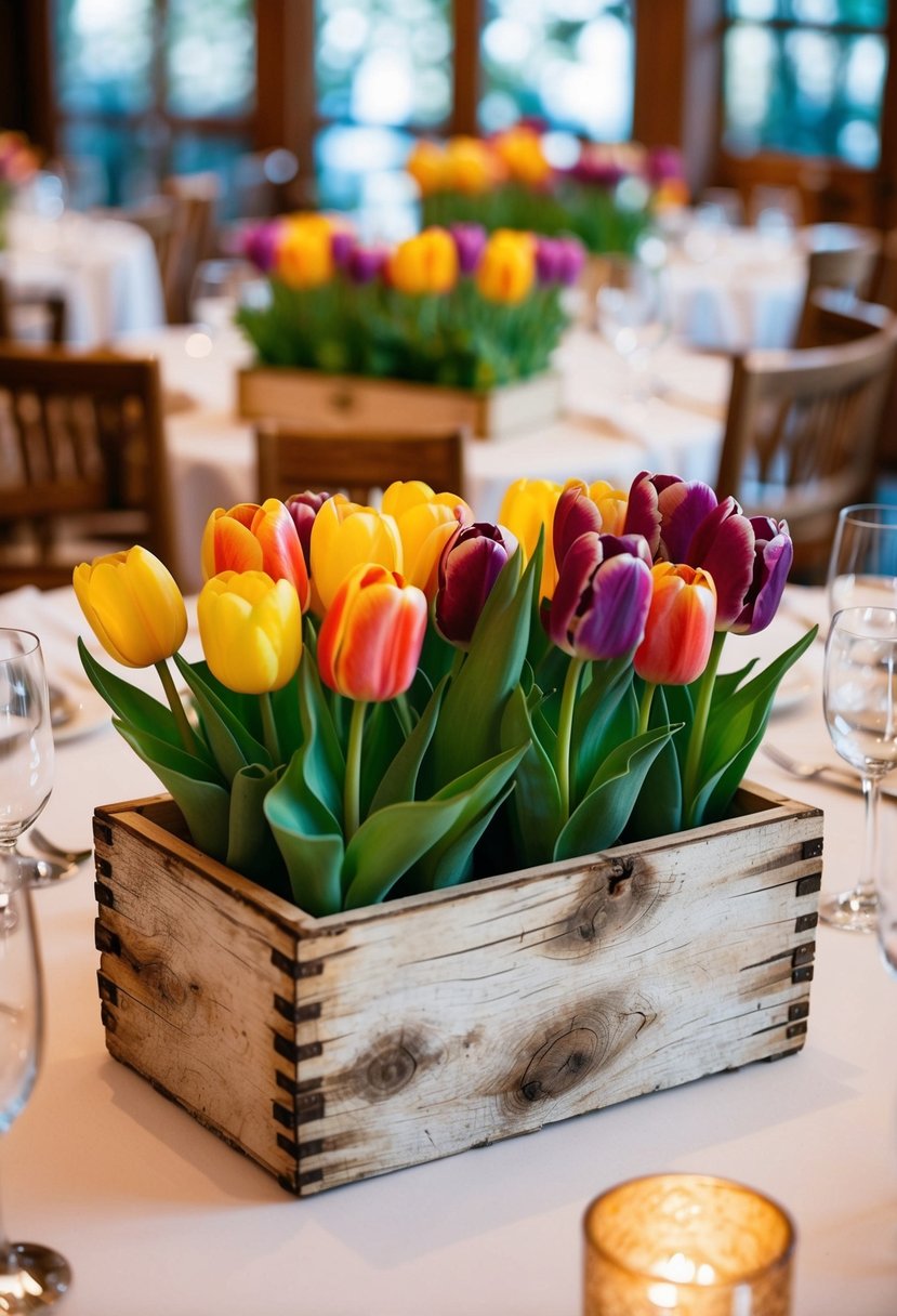 A rustic birch box filled with a mix of colorful tulips sits as a wedding table centerpiece