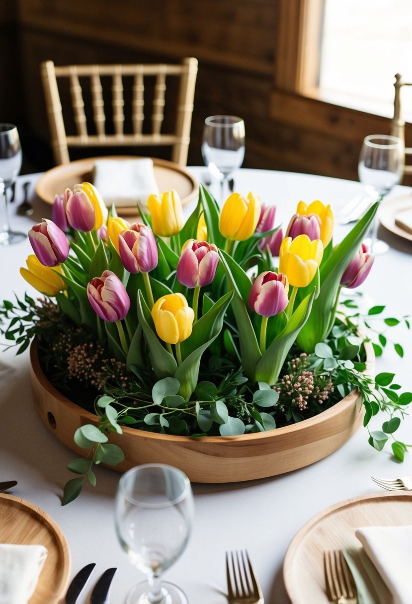 A wooden tray holds a vibrant mix of tulips and greenery, creating a stunning wedding table decoration