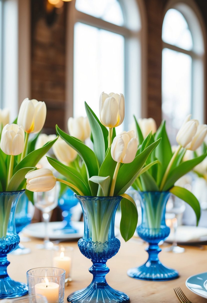 Fresh tulips in vintage blue glassware adorn a wedding table, creating a charming and elegant centerpiece