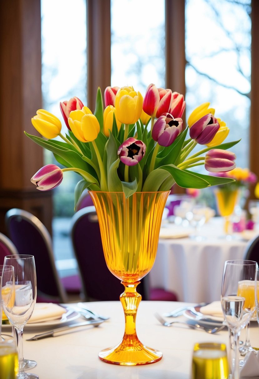 A bright flute vase filled with multicolored tulips sits as a centerpiece on a wedding table, adding a vibrant and elegant touch to the decor