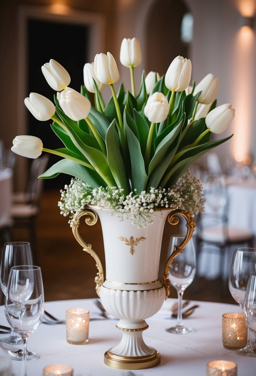 A tall tulip bouquet in a French style vase sits as a centerpiece on a wedding table, surrounded by delicate floral accents