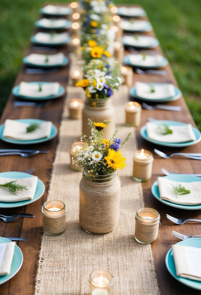 A rustic wedding table adorned with jute table runners, mason jar centerpieces filled with wildflowers, and burlap-wrapped votive candles