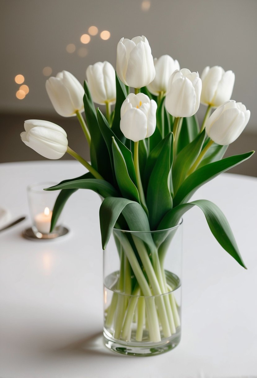 A cluster of white tulips in a clear vase on a minimalist wedding table