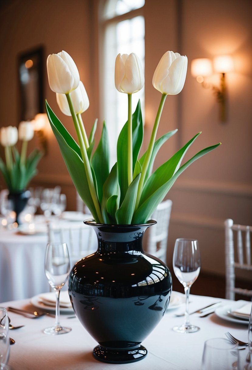 A chic black vase holds tall tulip stems for a wedding table decoration