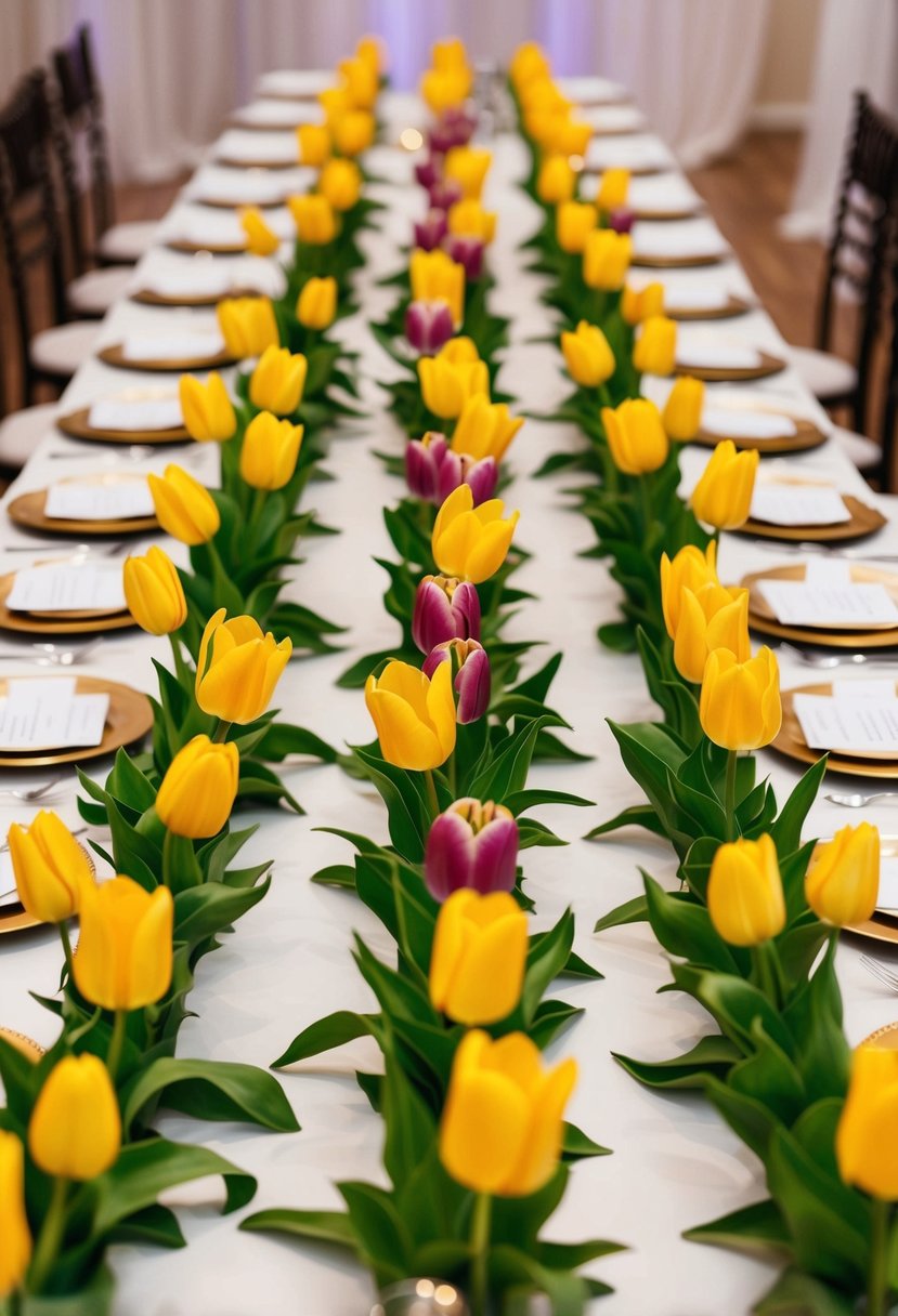 A long table adorned with handmade tulip garlands, creating a vibrant and elegant wedding table decoration