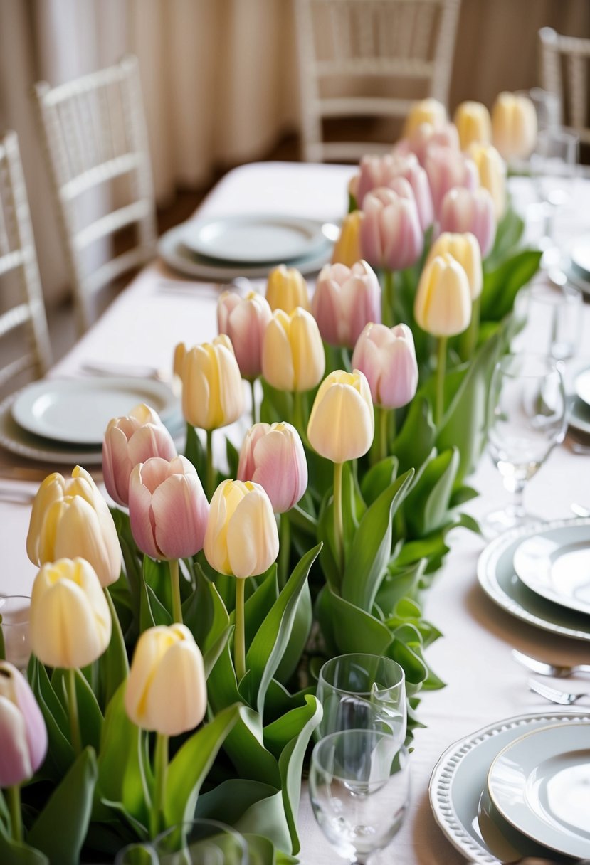 A pastel tulip array adorns a wedding table, creating a romantic and elegant atmosphere