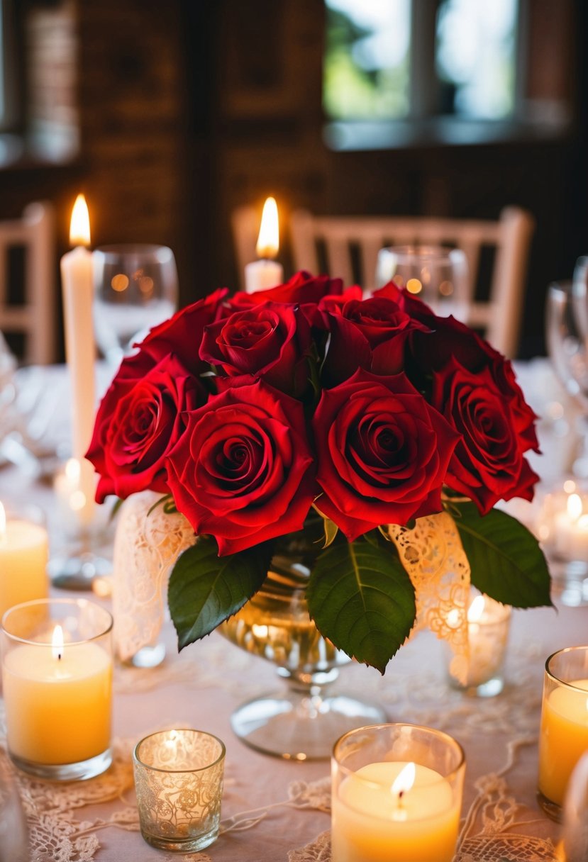 A red rose centerpiece adorns a wedding table, surrounded by flickering candles and delicate lace accents