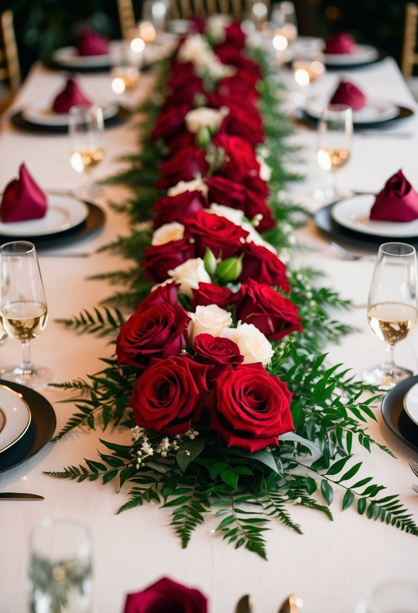 A garland runner adorned with lush red roses cascades down a wedding table, creating a romantic and elegant atmosphere