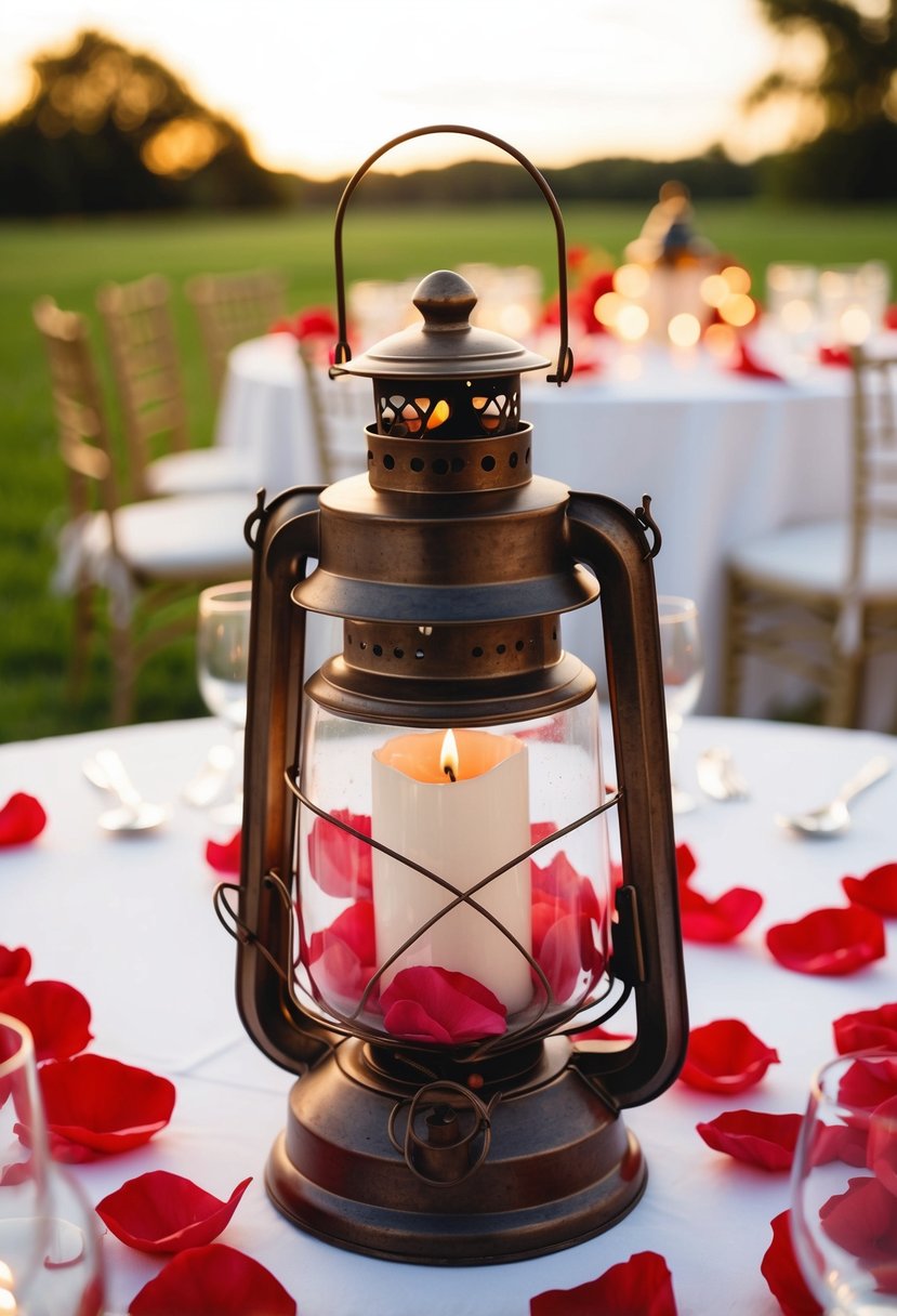 A rustic lantern filled with red rose petals sits as a wedding table centerpiece