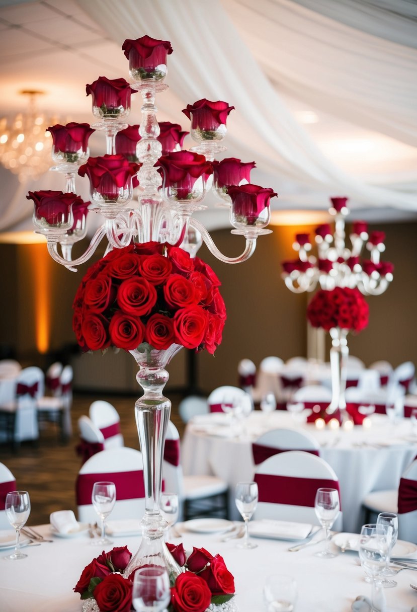 Tall glass candelabras adorned with vibrant red roses stand as elegant wedding table decorations