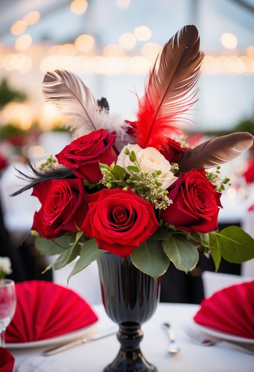 A red rose and feather arrangement sits atop a wedding table, serving as a striking centerpiece