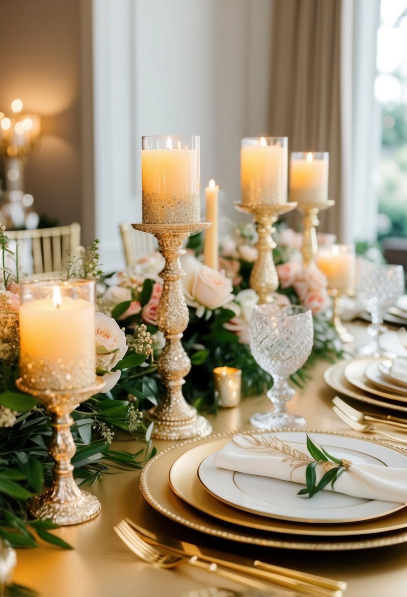 A golden table adorned with glittering candle holders, floral arrangements, and elegant place settings