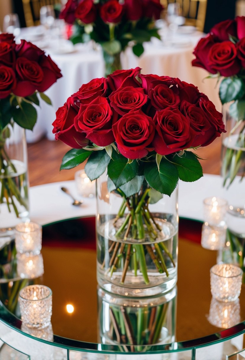 Rose bouquets adorn mirrored table tops for red rose wedding decor