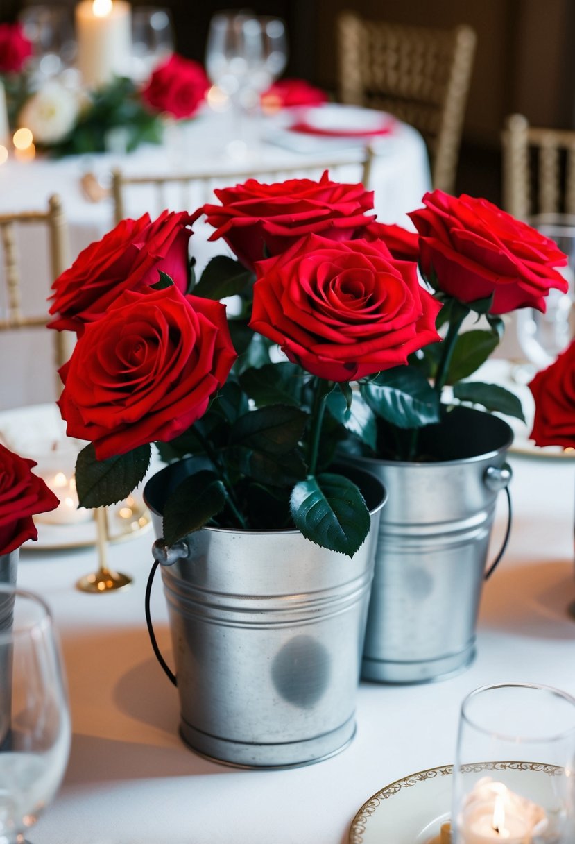 Artificial red roses in metal pots arranged as wedding table decorations