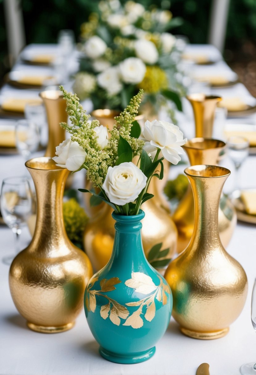 A collection of thrifted vases, painted with gold leaf, arranged on a wedding table as elegant and luxurious decorations