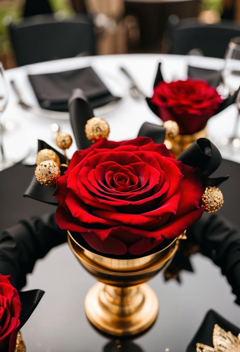 A red rose centerpiece surrounded by black and gold accents for a wedding table decoration