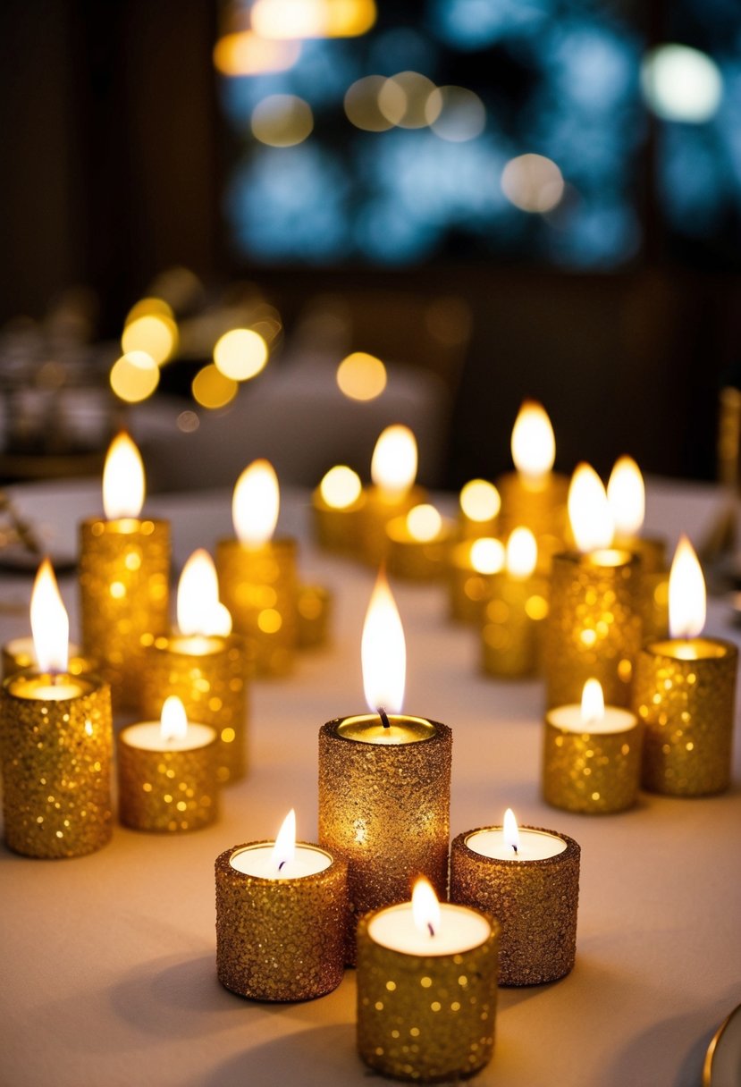 Clusters of glittering gold candles arranged on a wedding table, casting a warm and romantic glow