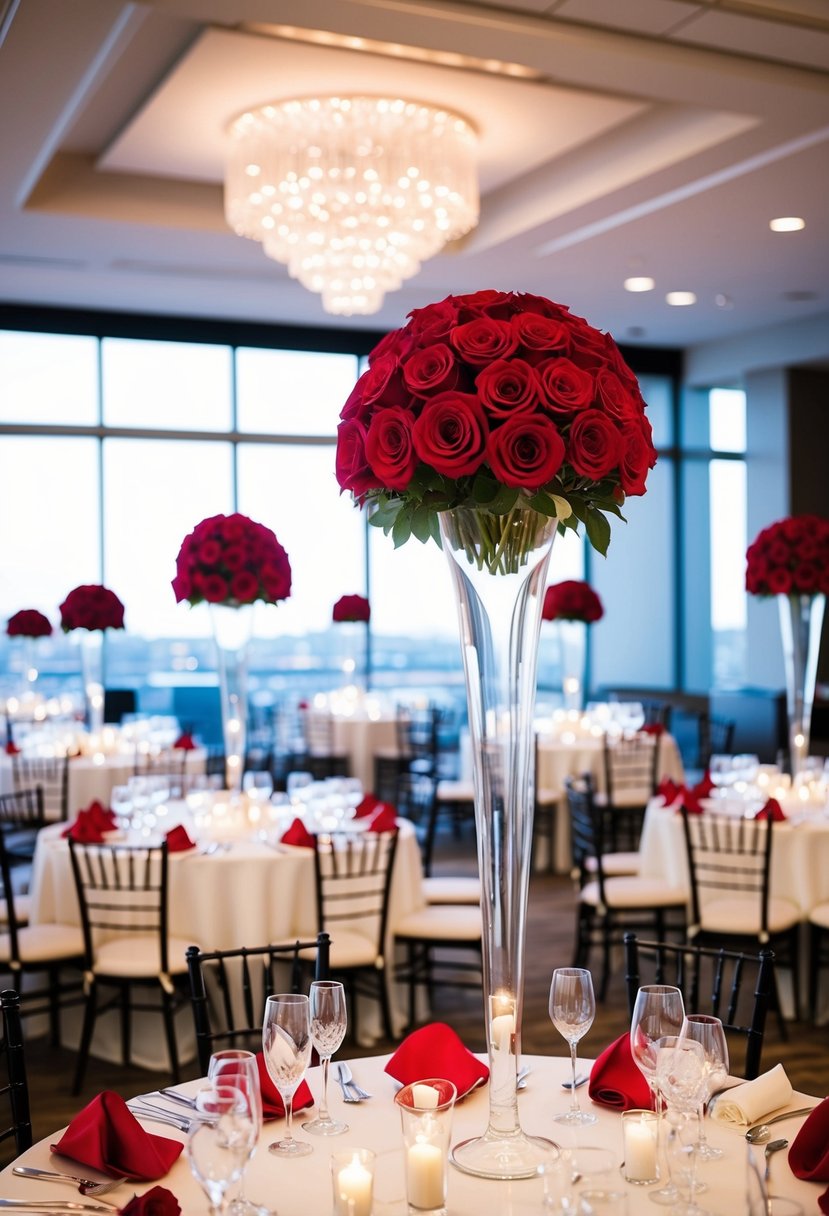 Tall red rose centerpieces adorn wedding tables under high ceilings